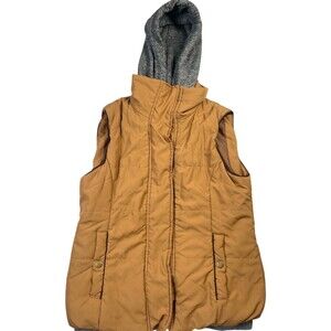 Active USA Vest Jacket Women's S Tan Gray Hooded Lined Sleeveless Snap‎ Full Zip